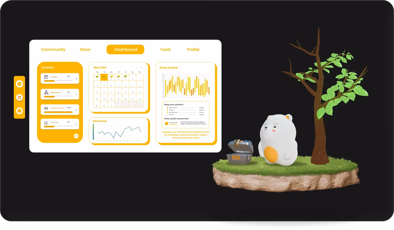 Previous version: a dashboard of journaling tools beside a 3D pet