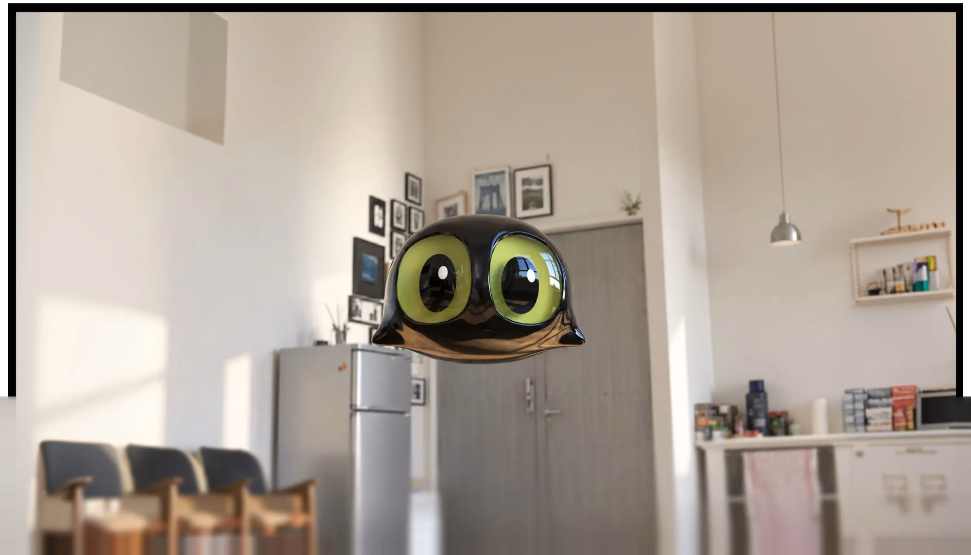 Bola floating in a sunlit apartment