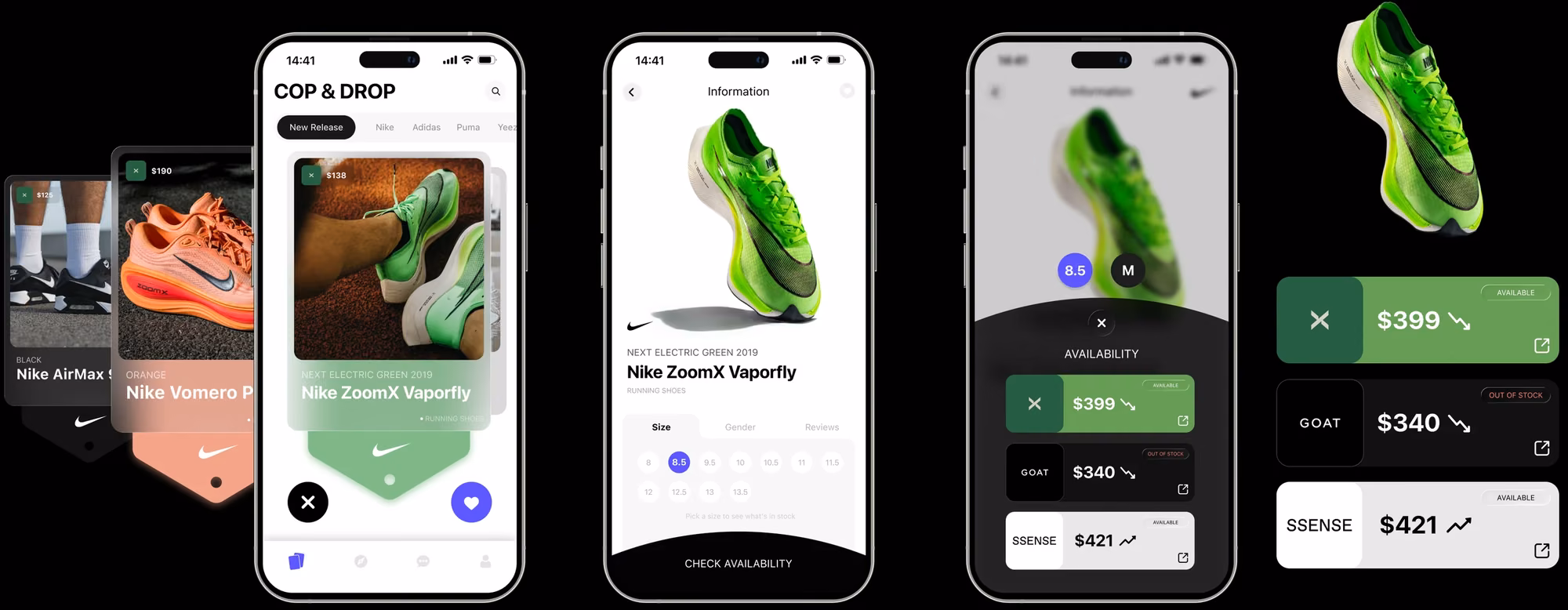 Three-step flow: swipe feed, product information, and price comparison across StockX, GOAT and SSENSE