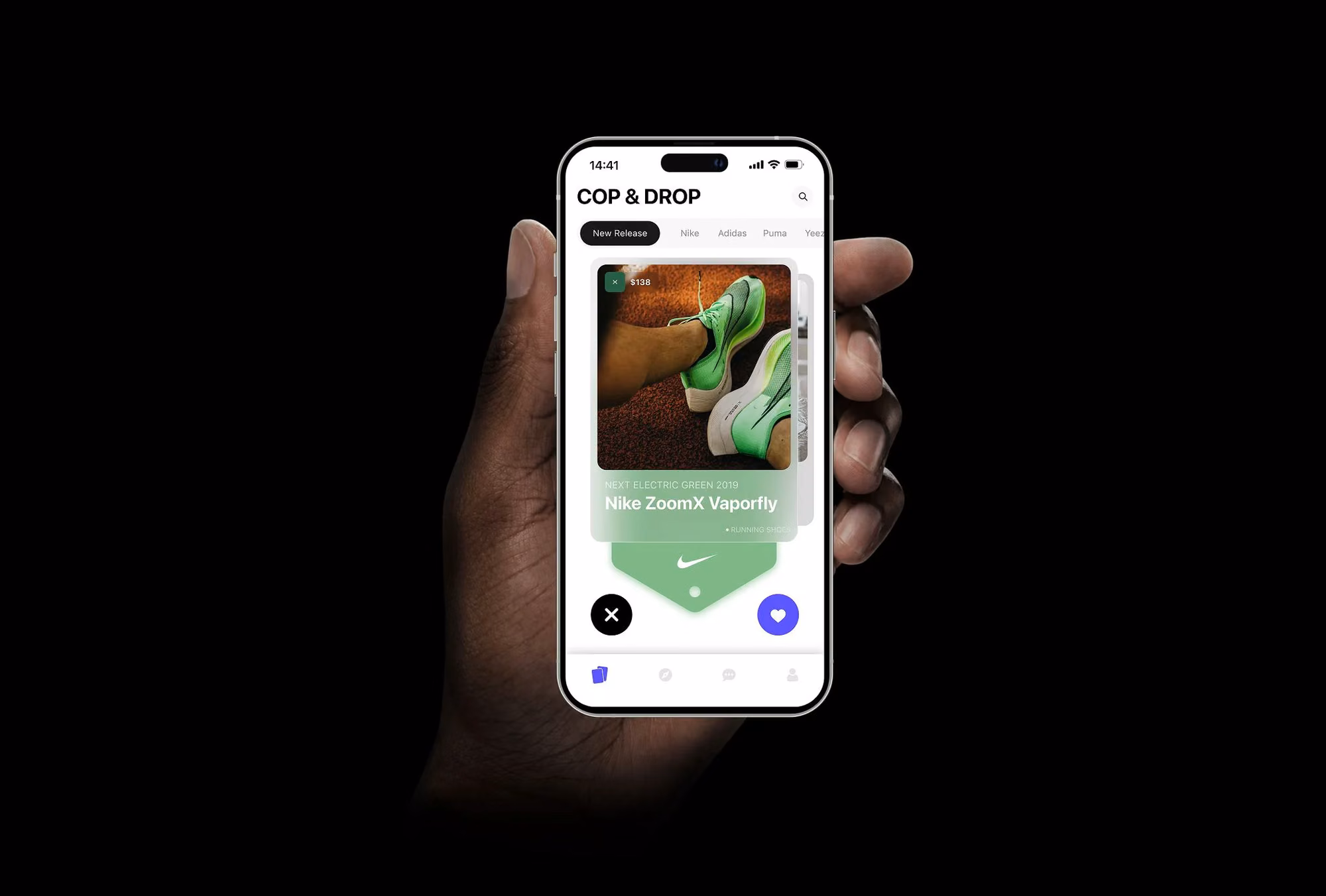 A hand holding a phone showing the HYPED. swipe feed with a Nike ZoomX Vaporfly card