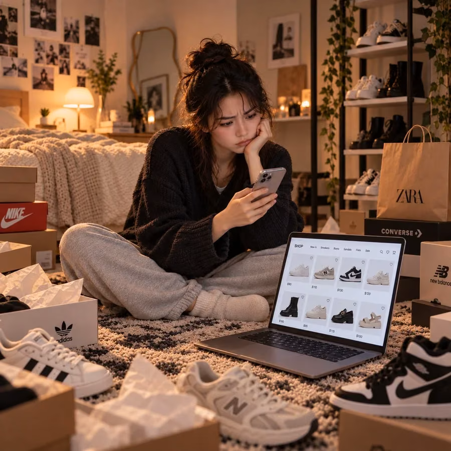 A woman surrounded by sneaker boxes scrolling her phone