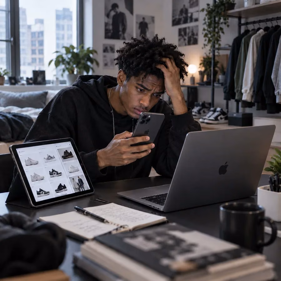 A man juggling a phone, tablet and laptop