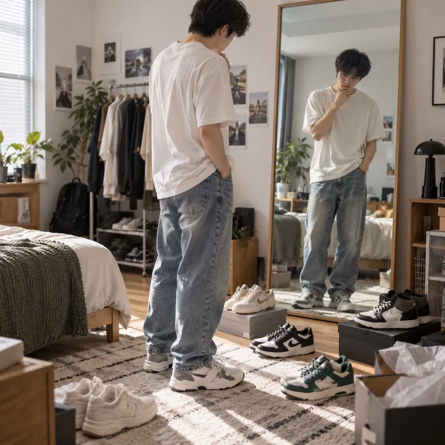 A man checking an outfit in the mirror