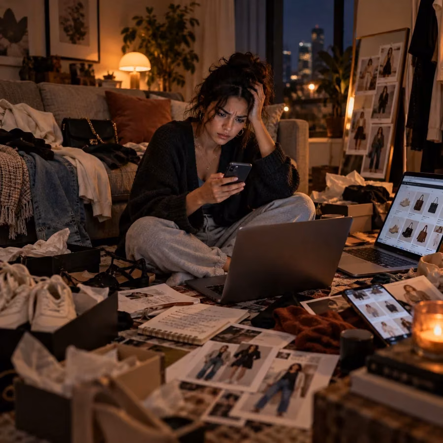 A woman overwhelmed by fashion magazines and screens