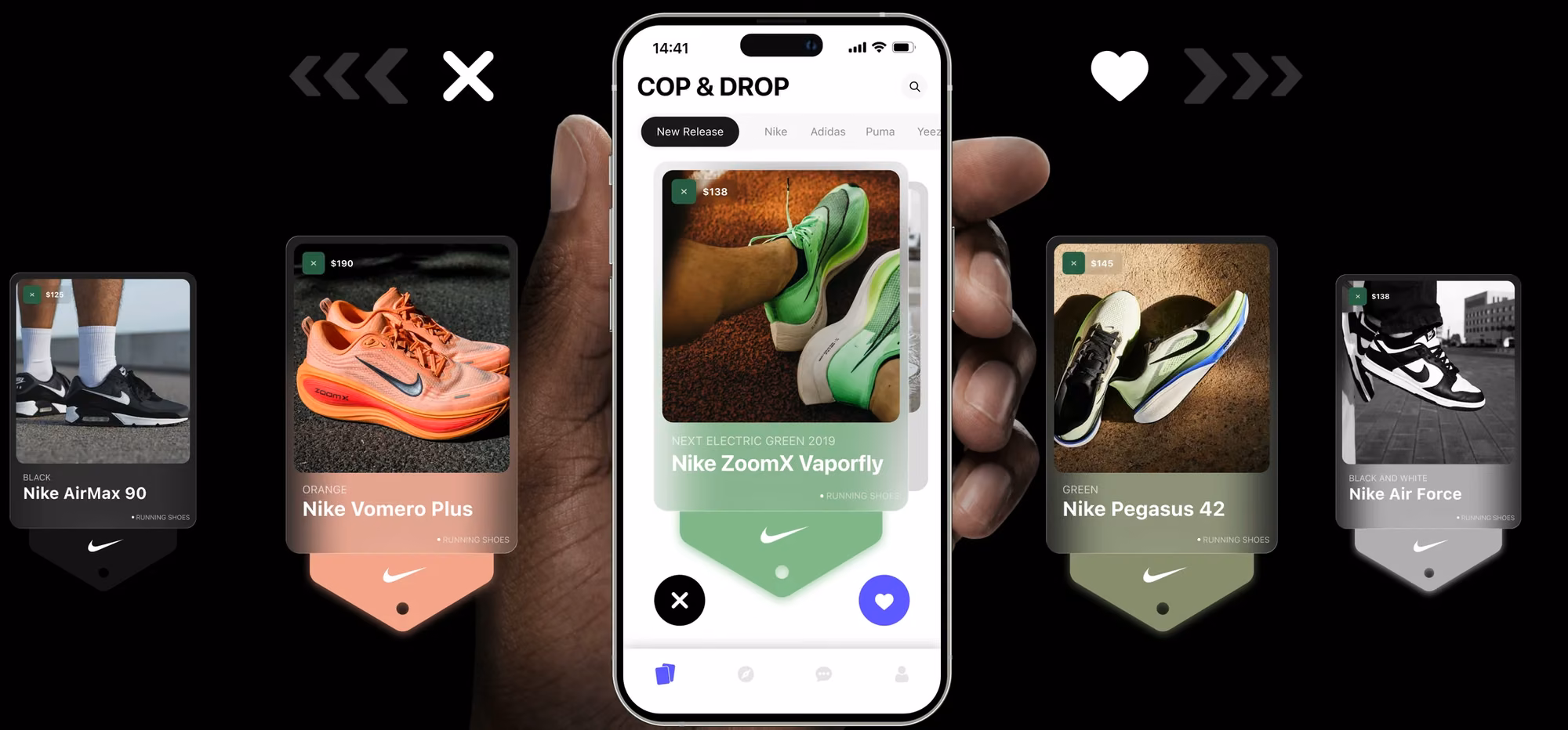 Swipe left to dislike and right to like sneaker cards on the HYPED. feed