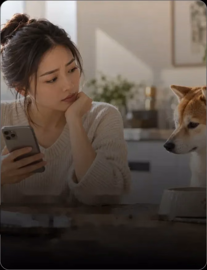 Owner looking at her phone beside her Shiba