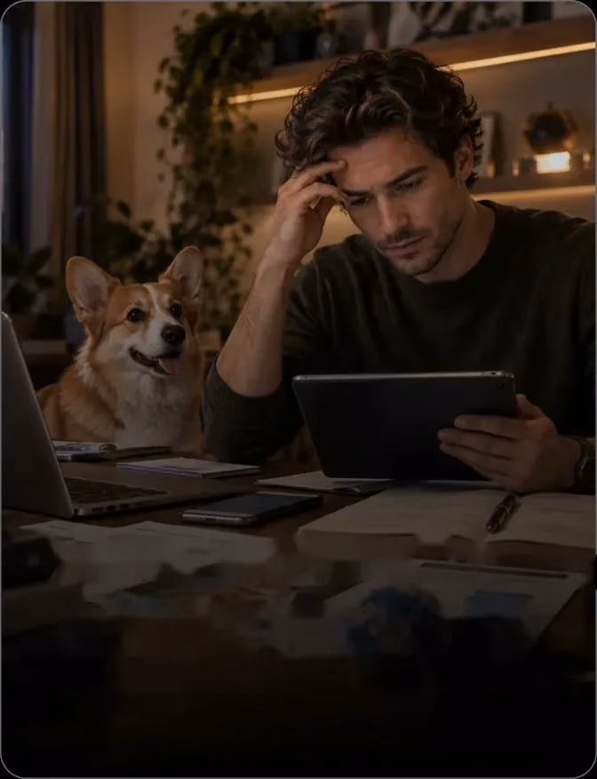 Worried owner reading beside his corgi