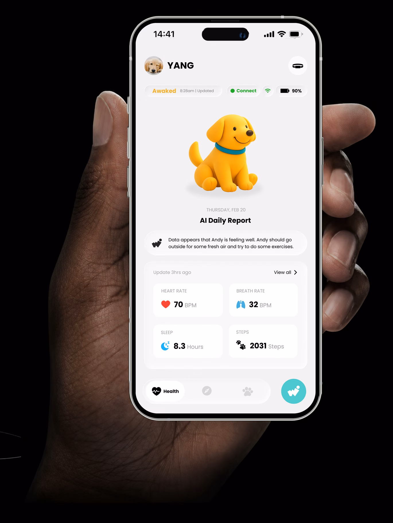 Hand holding the WooWoof app