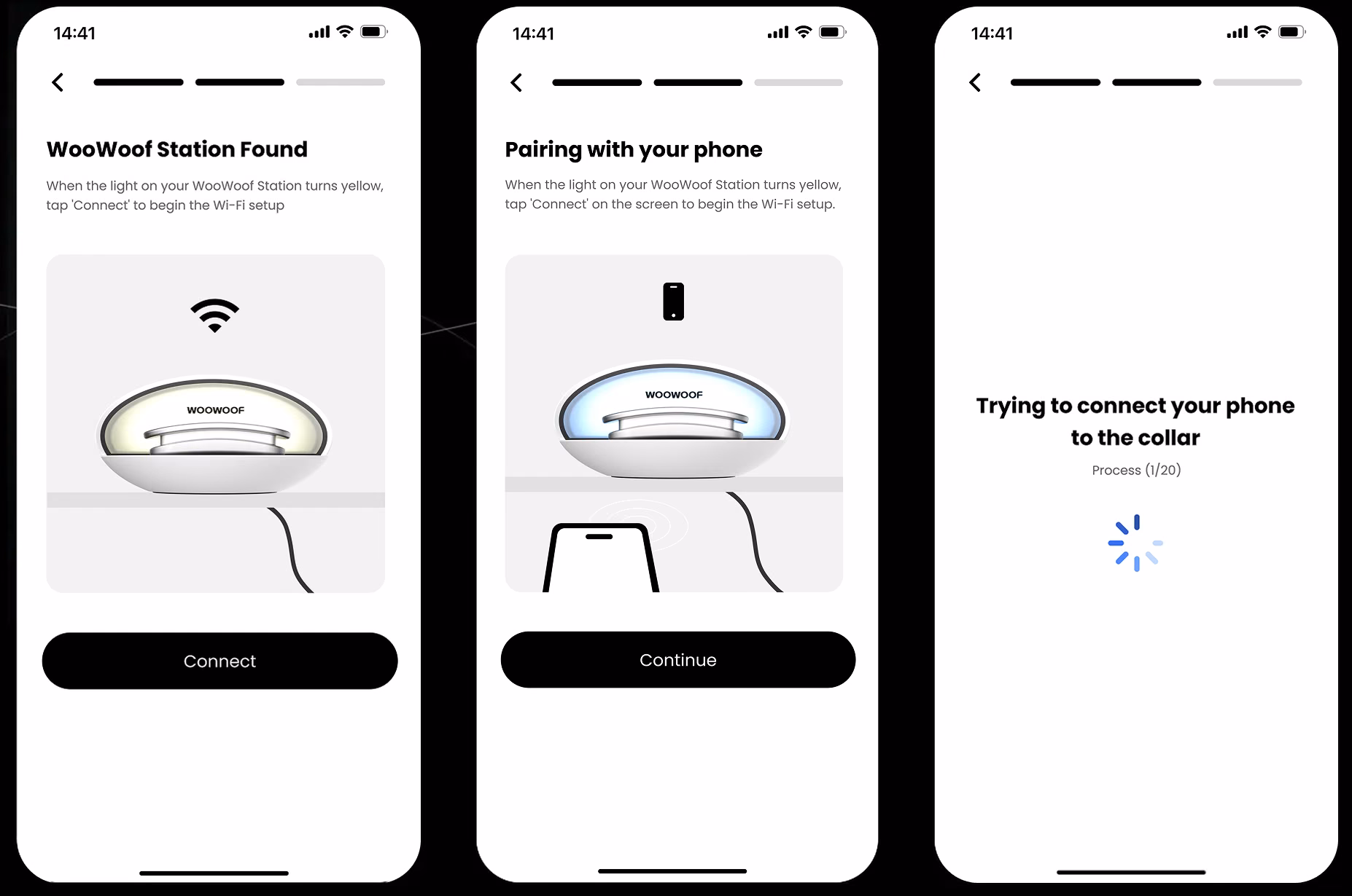 Onboarding: station found, pairing, connecting
