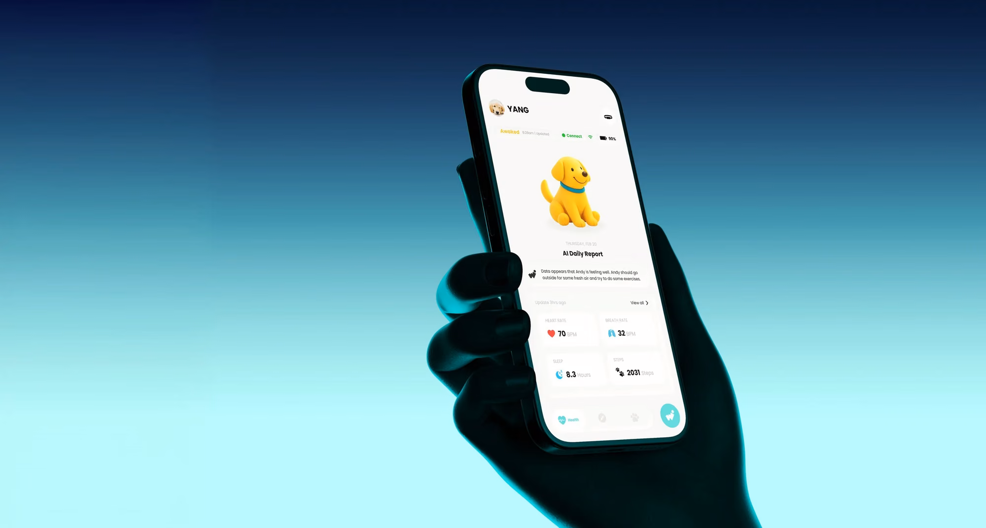 A hand holding a phone showing the WooWoof home screen with a 3D puppy and AI daily report